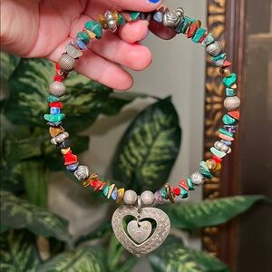 VTG Southwestern Multi Gemstone Sterling Silver Heart Choker Collar Necklace